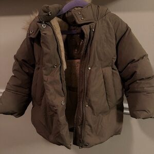 ZARA Kids Down Puffer Coat Faux Fur Lined Hood Brown Winter Jacket size 2/3